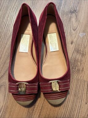 MOVING SALE - Salvatore Ferragamo Wine Red Suede & Striped Toe Vara Bow Flats